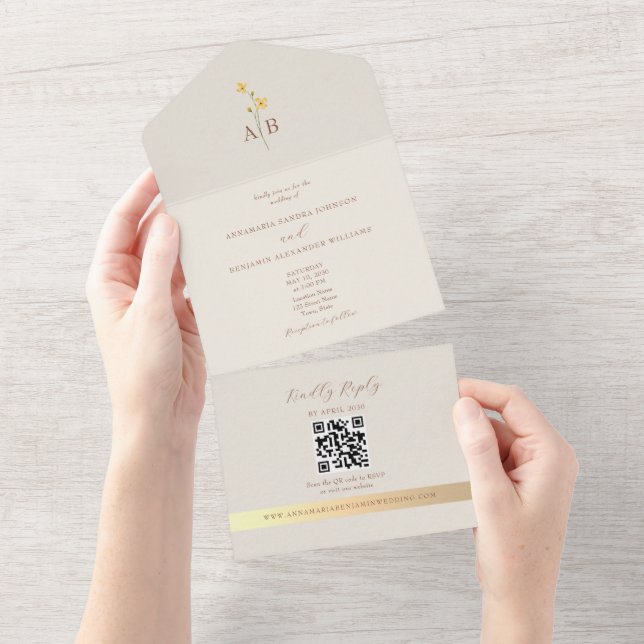 QR-kod Neutral Elfenbensguld Vildblomma Bröllop (Avrivbar del)