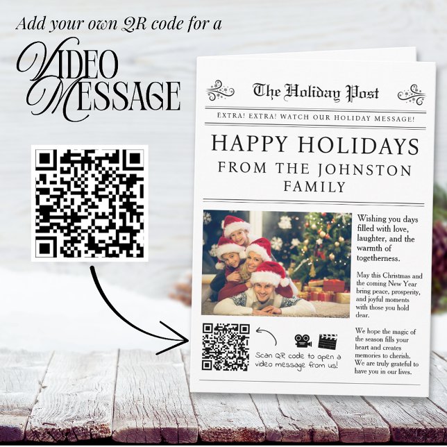 QR-kod - Nyhetsblad - julkort Kort (Newspaper Christmas Card with QR code for your family video message)