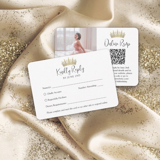 QR-kod och fotoElegant Quinceañera Guld Krona OSA Kort (Skapare uppladdad)