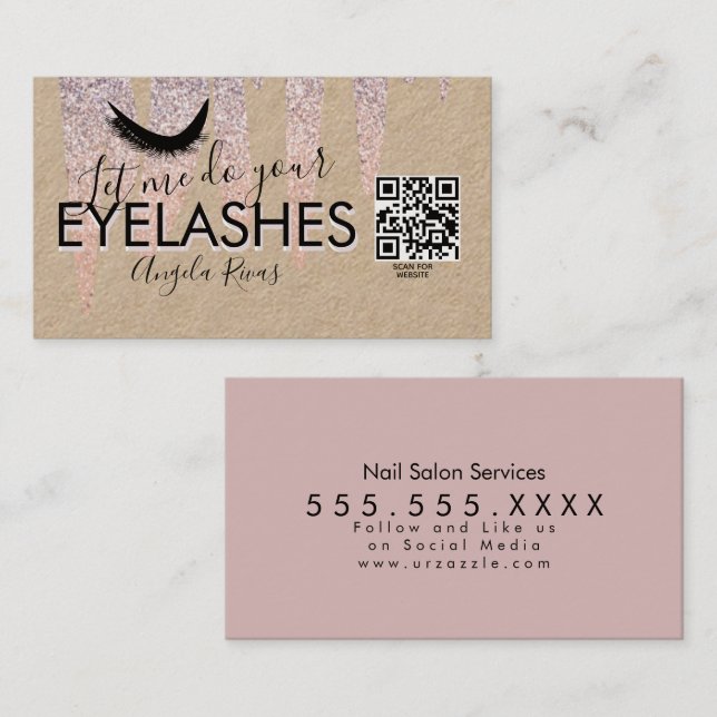 QR-KOD Ögonfransar Rosa Glitter Droppande Rustika Visitkort (Fram/baksida)
