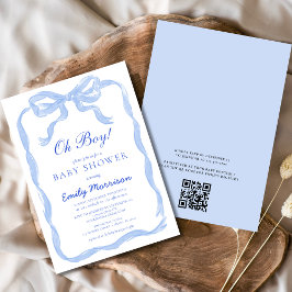 QR-kod Oh Boy Blue Ribbon Bow Baby Shower Inbjudningar