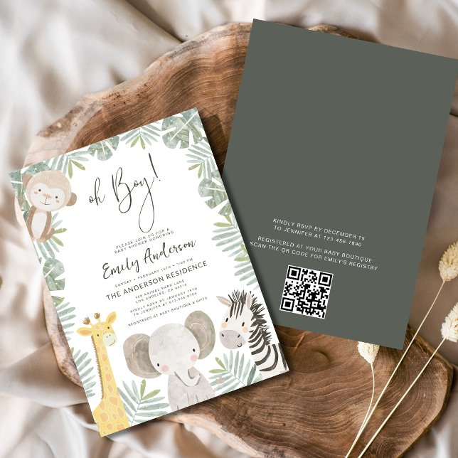 QR-kod Oh Boy Safari Animal Baby Shower Inbjudningar (Skapare uppladdad)