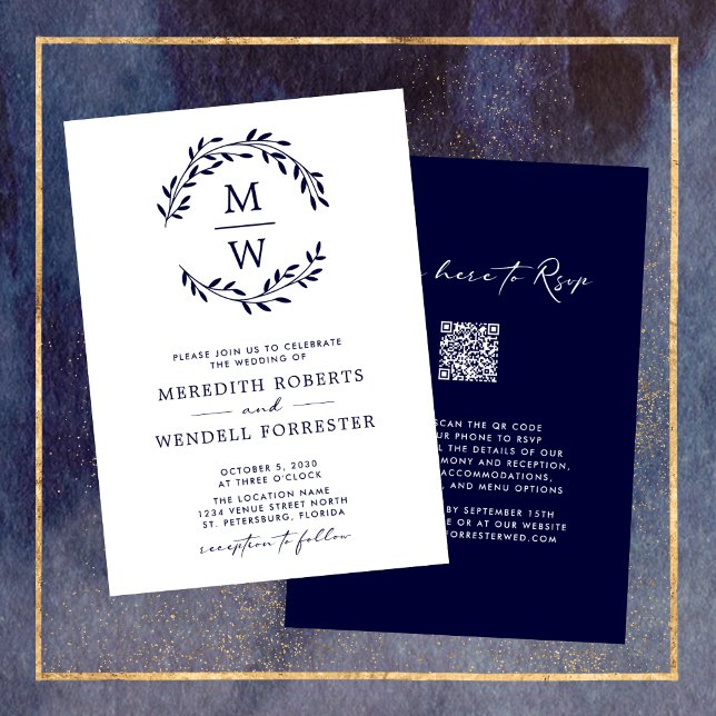 QR-kod OSA Navy Blue Monogram WAN Bröllop Inbjudningar (Navy Blue Monogram Wreath QR Code RSVP Double Sided Wedding Invitation)