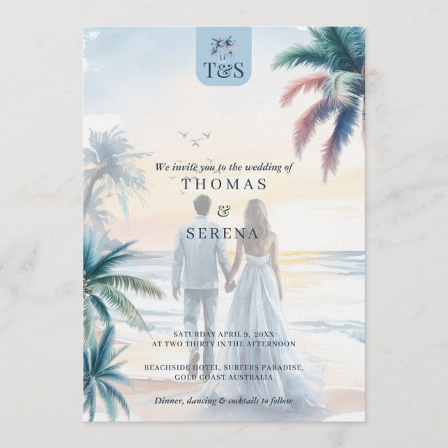 QR-kod Palmträd Strand Bröllop Destination Inbjudningar (Framsida)
