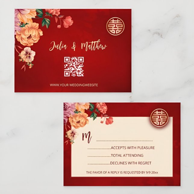 QR-kod Peony Röd RSVP Kinesisk Bröllop OSA Kort (Skapare uppladdad)