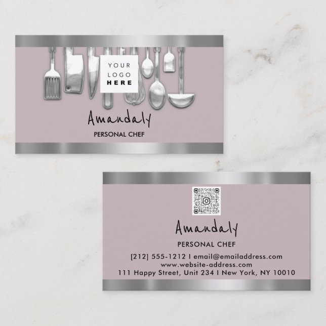 QR-kod Personligt Chef Cooking Restaurant Grått Visitkort (Fram/baksida)
