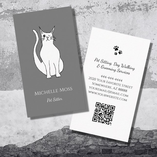 QR-kod Pet Sitter Cute Winking Cat Grått Visitkort (Skapare uppladdad)