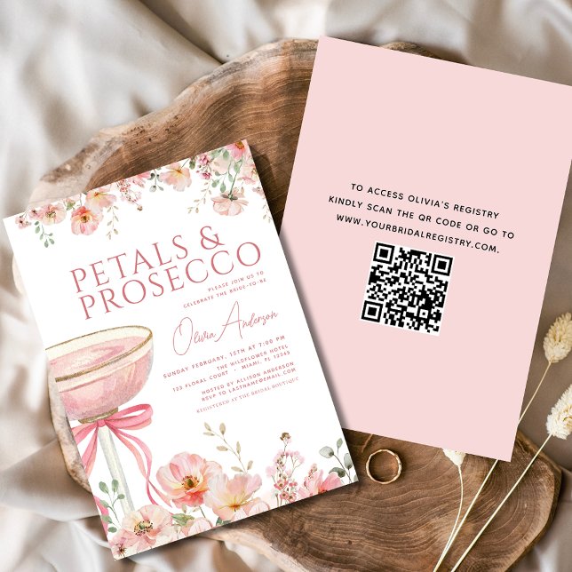 QR-kod Petals & Prosecco Rosa Bow-Möhippa Inbjudningar (Skapare uppladdad)