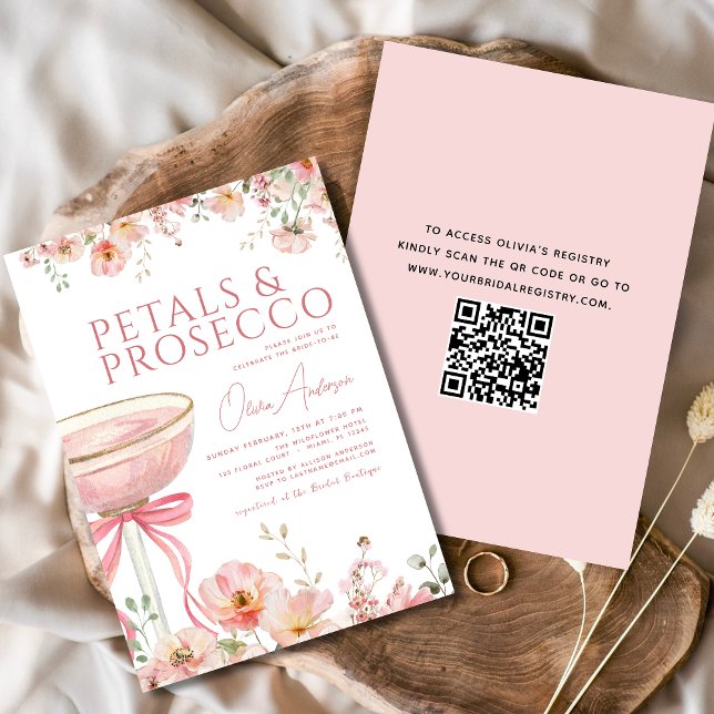QR-kod Petals & Prosecco Rosa Bow-Möhippa Inbjudningar (Skapare uppladdad)