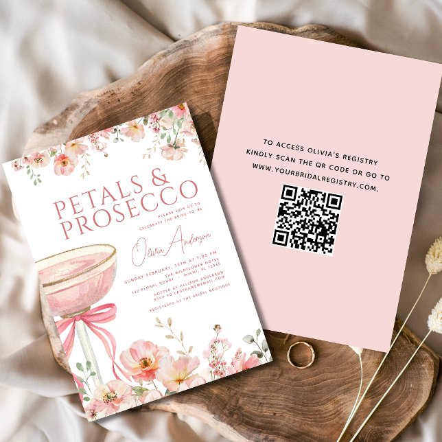 QR-kod Petals & Prosecco Rosa Bow-Möhippa Inbjudningar (Skapare uppladdad)