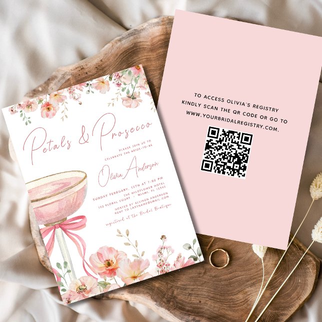 QR-kod Petals & Prosecco Rosa Bow-Möhippa Inbjudningar (Skapare uppladdad)