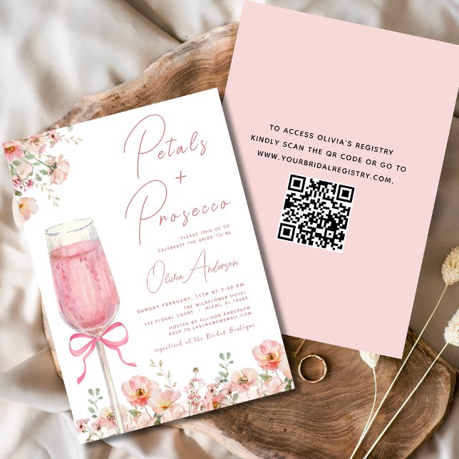 QR-kod Petals & Prosecco Rosa Bow-Möhippa Inbjudningar (Skapare uppladdad)