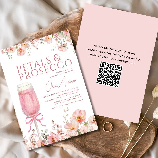 QR-kod Petals & Prosecco Rosa Bow-Möhippa Inbjudningar (Skapare uppladdad)