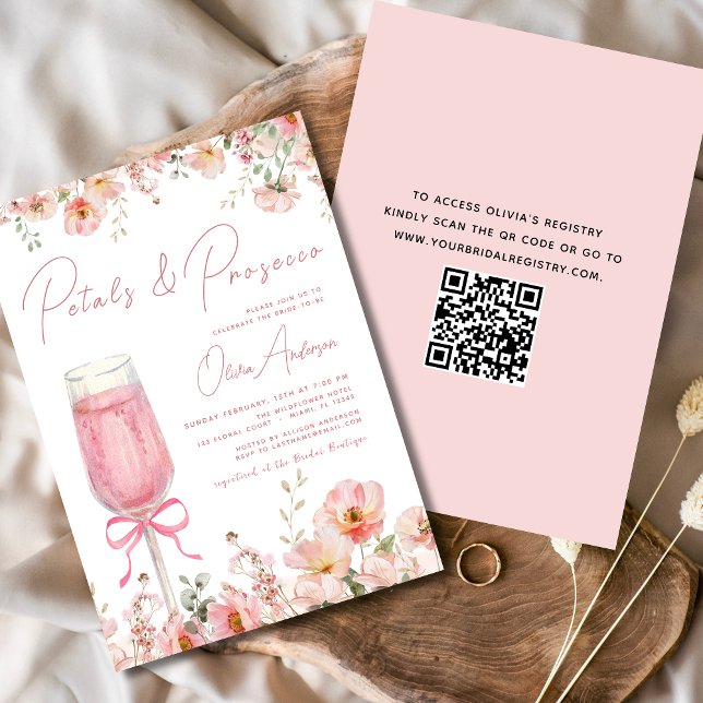 QR-kod Petals & Prosecco Rosa Bow-Möhippa Inbjudningar (Skapare uppladdad)