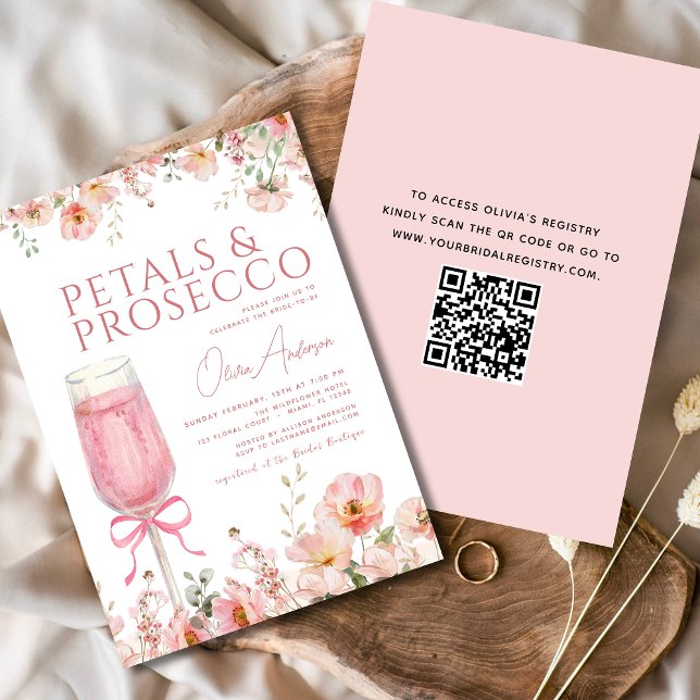 QR-kod Petals & Prosecco Rosa Bow-Möhippa Inbjudningar (Skapare uppladdad)