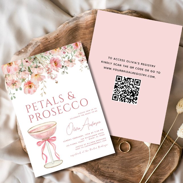 QR-kod Petals & Prosecco Rosa Bow-Möhippa Inbjudningar (Skapare uppladdad)