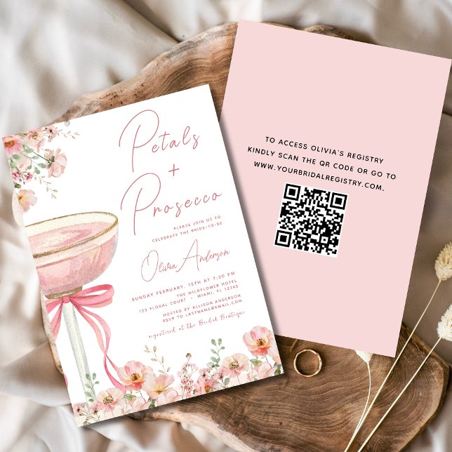 QR-kod Petals & Prosecco Rosa Bow-Möhippa Inbjudningar (Skapare uppladdad)