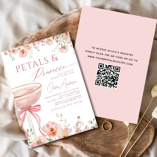 QR-kod Petals & Prosecco Rosa Bow-Möhippa Inbjudningar (Skapare uppladdad)