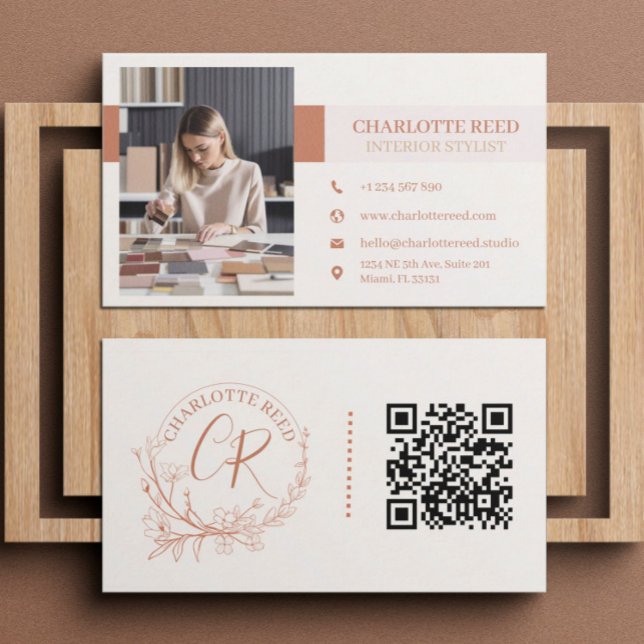 QR-kod Photo Terracotta Blommigt Monogram Visitkort (Skapare uppladdad)