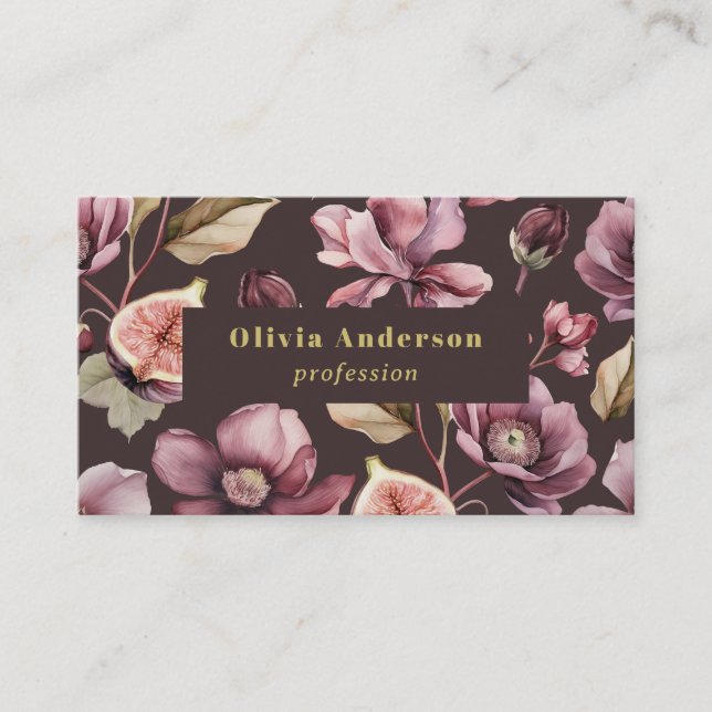 QR-kod Plommon Mörk Blommig Feminim Chic Visitkort (Framsida)