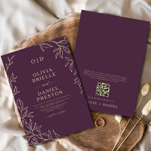 QR-kod Plum Lila & Guld Minimal Löv Bröllop Inbjudningar