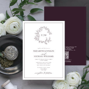 QR-kod Plum Lila Leafy Vapensköld Monogram Bröllop Inbjudningar
