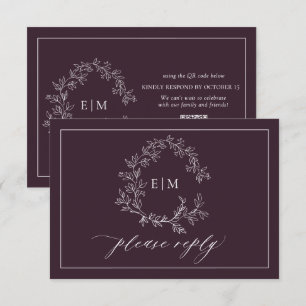 QR-kod Plum Lila Leafy Vapensköld Monogram Bröllop OSA Kort