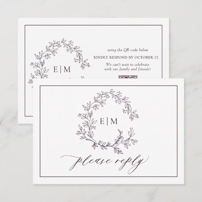 QR-kod Plum Lila Leafy Vapensköld Monogram Bröllop OSA Kort (Fram/baksida)