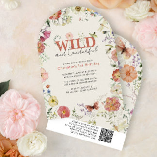 QR-kod Pressade blommor Vilda & Underbara födelsed Inbjudningar