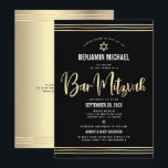 QR-kod Pub Mitzvah Black Guld-skript - fet Inbjudningar<br><div class="desc">Var stolt, gladd och visa den här milstolpen av Pub Mitzvah! Skicka den här fantastiska, moderna, sofistikerade inbjudan till QR-personligen om en händelse att komma ihåg. Bild faux faux guld calligraphy script, Star of David, modern white sans serif typography och hand plockade tallit linjer täcker över en rik, dramatisk, svart...</div>