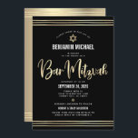 QR-kod Pub Mitzvah Black Guld-skript - fet Inbjudningar<br><div class="desc">Var stolt, gladd och visa den här milstolpen av Pub Mitzvah! Skicka den här fantastiska, moderna, sofistikerade inbjudan till QR-personligen om en händelse att komma ihåg. Bild faux faux guld calligraphy script, Star of David, modern white sans serif typography och hand plockade tallit linjer täcker över en rik, dramatisk, svart...</div>