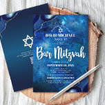 QR-kod Pub Mitzvah Blue Galaxy Agate-skript fet Inbjudningar<br><div class="desc">Var stolt, gladd och visa den här milstolpen av Pub Mitzvah! Skicka ut den här coolan, en unik, modern QR-kodsinbjudan till personligen för en händelse att komma ihåg. Vit manustypografi och David Star täcker över en djup blå galaxisk vattenfärgsbakgrund med marin blå agat accentuerad med faux silver venins. På baksidan,...</div>