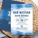 QR-kod Pub Mitzvah Navy Typography Blue Foil fold  Inbjudningar<br><div class="desc">Var stolt, gladd och visa den här milstolpen av Pub Mitzvah! Skicka ut den här coolan, en unik, modern QR-kodsinbjudan till personligen för en händelse att komma ihåg. Faux metallisk ljusblå foliepensel, tillsammans med fet, marin blå typografi och David Star, täcker över en enkel, vit bakgrund. På baksidan, ytterligare metalliska...</div>