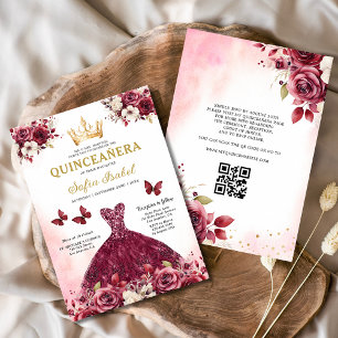 QR-kod Quinceanera Blommig Burgunder Prinsessa Inbjudningar