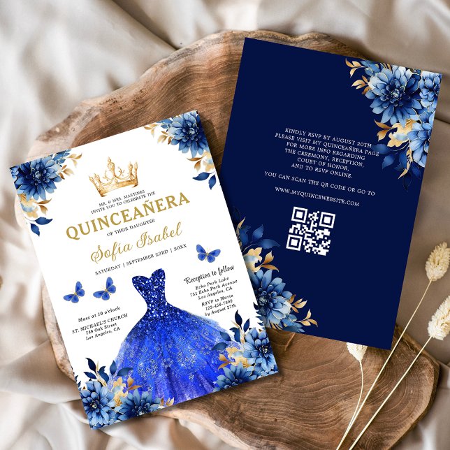 QR-kod Quinceanera Blommig Royalblå Prinsessa Inbjudningar (Skapare uppladdad)
