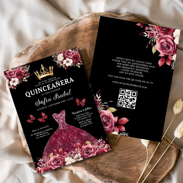QR-kod Quinceanera Blommigt Burgundy Princess Inbjudningar (Skapare uppladdad)