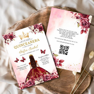 QR-kod Quinceanera Blommigt Burgundy Princess Inbjudningar