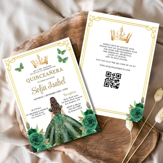 QR-kod Quinceanera Blommigt Emerald Grönt Guld Inbjudningar (Skapare uppladdad)