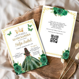 QR-kod Quinceanera Blommigt Emerald Grönt Guld Inbjudningar