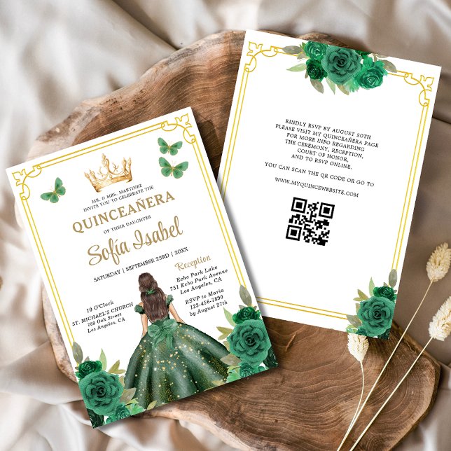 QR-kod Quinceanera Blommigt Emerald Grönt Guld Inbjudningar (Skapare uppladdad)
