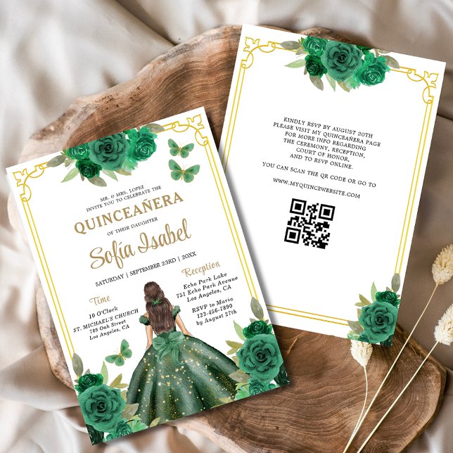 QR-kod Quinceanera Blommigt Emerald Grönt Guld Inbjudningar (Skapare uppladdad)