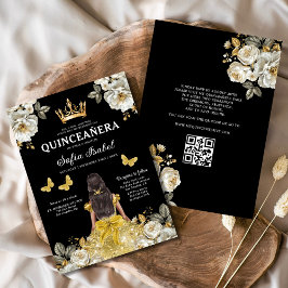 QR-kod Quinceanera Blommigt Guld Princess Inbjudningar