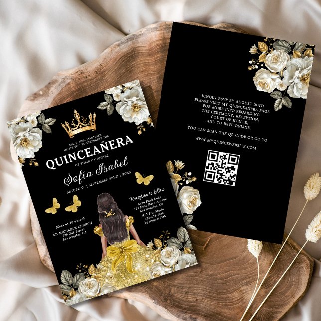 QR-kod Quinceanera Blommigt Guld Princess Inbjudningar (Skapare uppladdad)