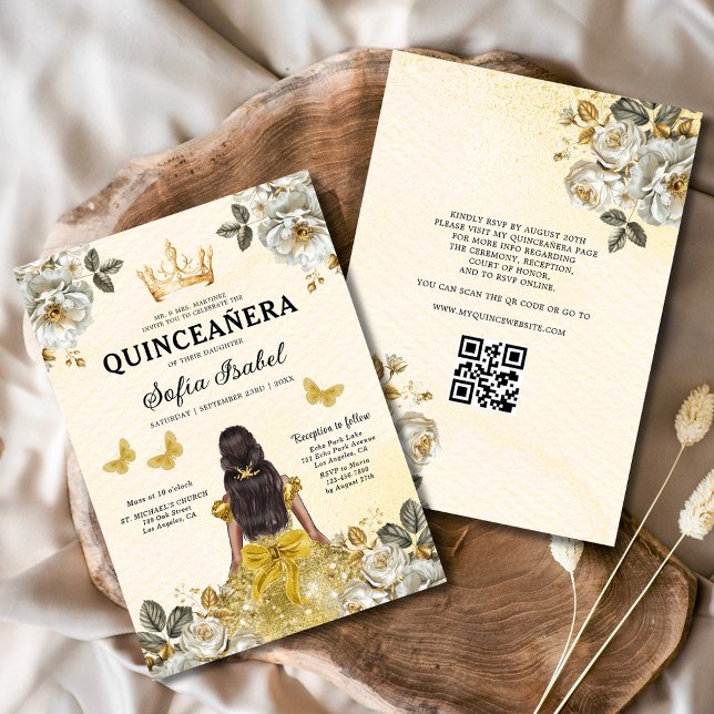 QR-kod Quinceanera Blommigt Guld Princess Inbjudningar (Skapare uppladdad)