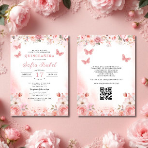 QR-kod Quinceañera Rosa ros-Blommigten Inbjudningar