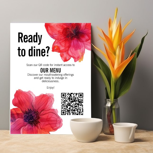QR-kod Red Anemone Dreamscape Bröllop Meny (Stunning QR code Red Anemone Dreamscape Wedding Menu with custom text at the back.)