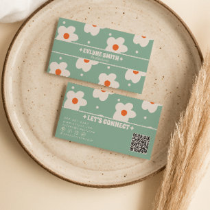 QR-kod Retro Grön Groovy Blommig Boho Unik Rolig Visitkort