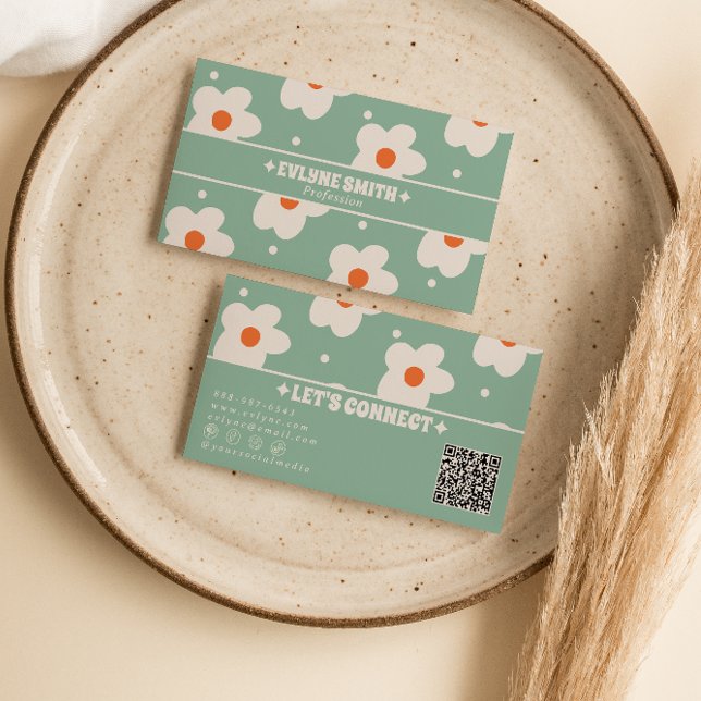 QR-kod Retro Grön Groovy Blommig Boho Unik Rolig Visitkort (Skapare uppladdad)