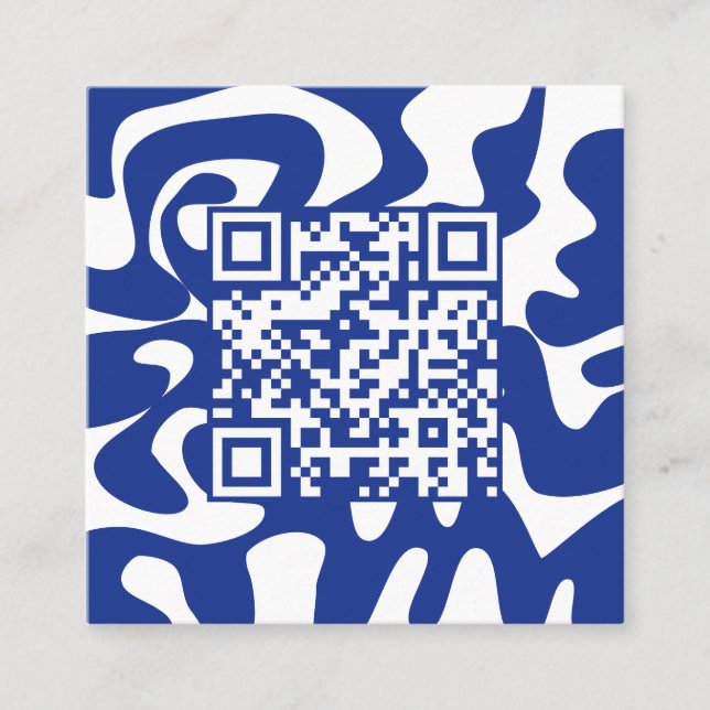 QR-kod Retro Groovy Blue White Squiggles Hej Fyrkantigt Visitkort (Framsida)