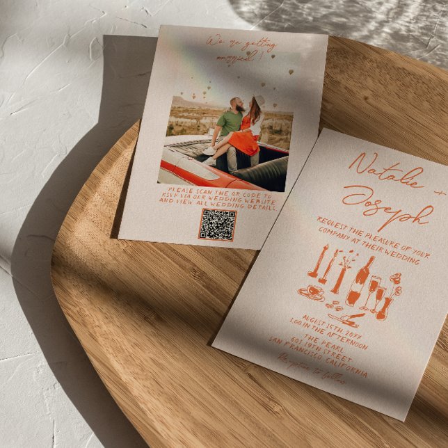 QR-kod Retro Hand plockade Colorful Photo Bröllop Inbjudningar (Skapare uppladdad)